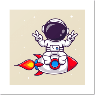 Cute Astronaut Riding Rocket Cartoon Posters and Art